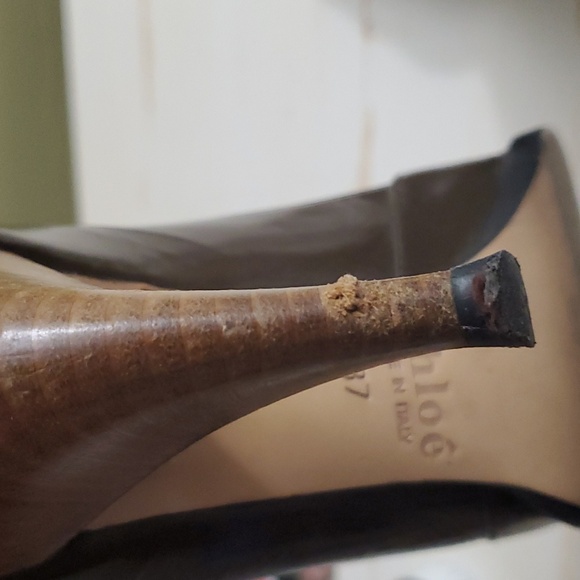 Chloé | Dark Olive Green Patent Leather Peep-toe Heels Sz 37 - Picture 12 of 15